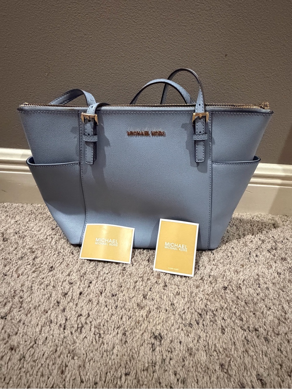 Michael Kors Light Blue Shoulder Tote with Gold Hardware
